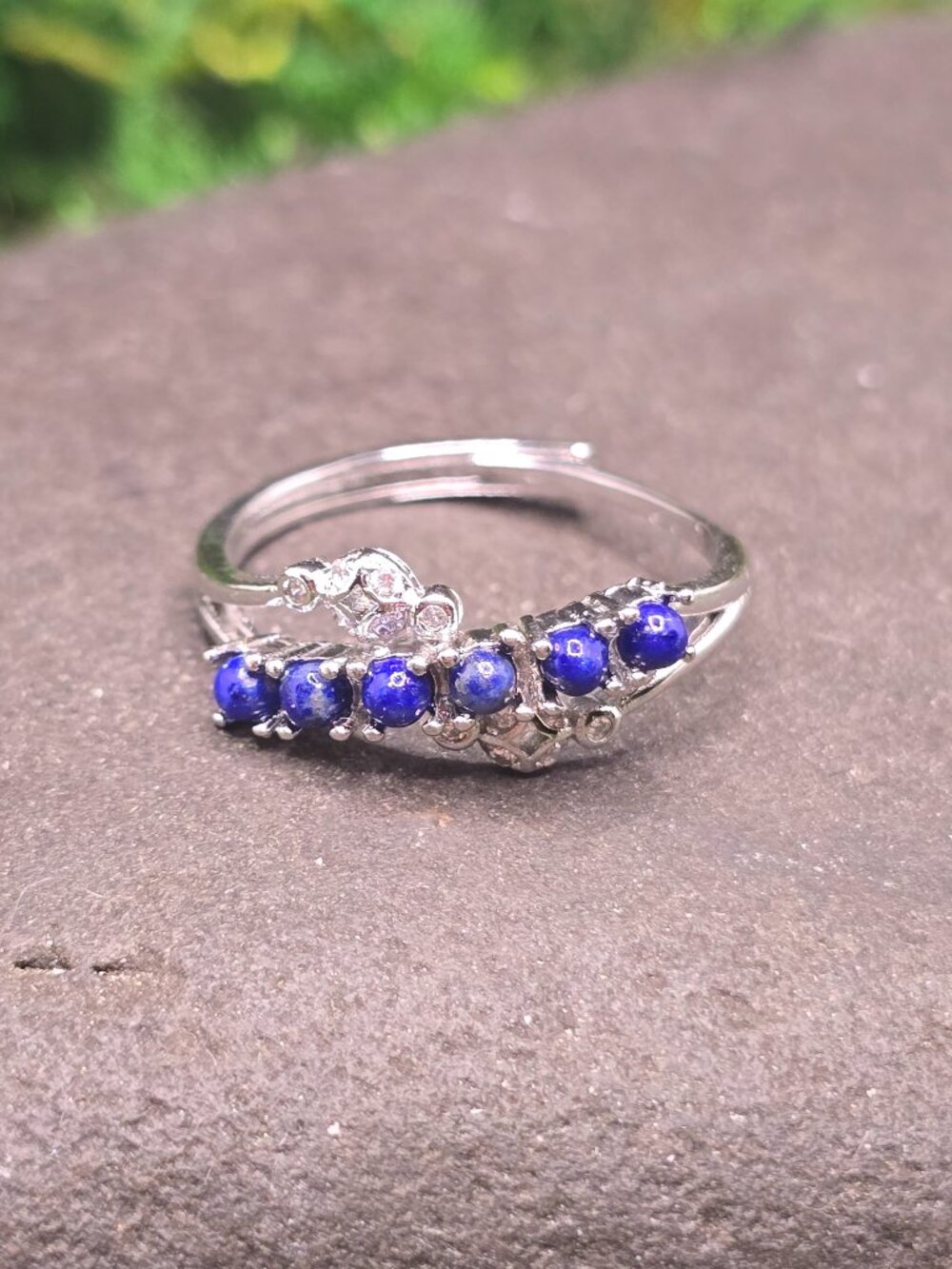 Lapis Lazuli Five Stone Adjustable Ring Size 6-10 Silver Tone Jewelry